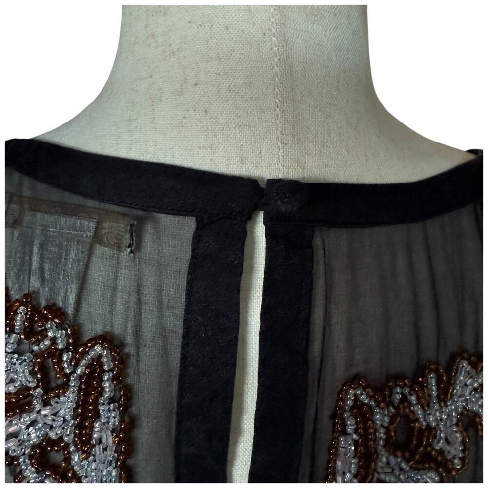 Gold Hawk Vintage Beaded Blouse Silk Sheer Black Top Boho  L - Picture 8 of 15